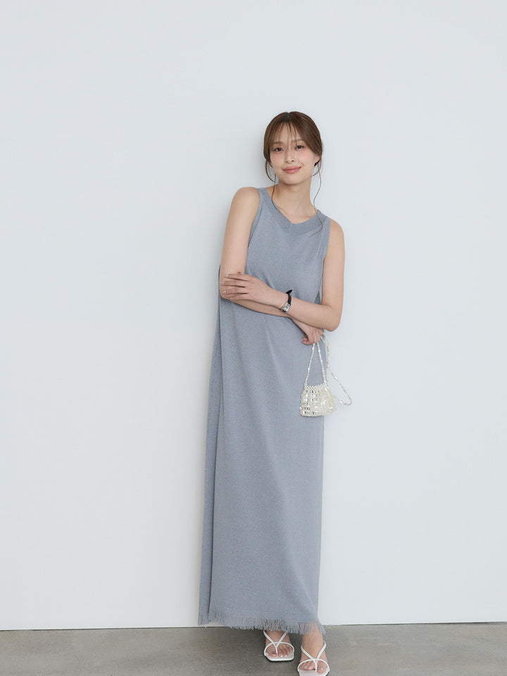 【Luxe Series】裾フリンジラウンドネックサマーリブワンピース