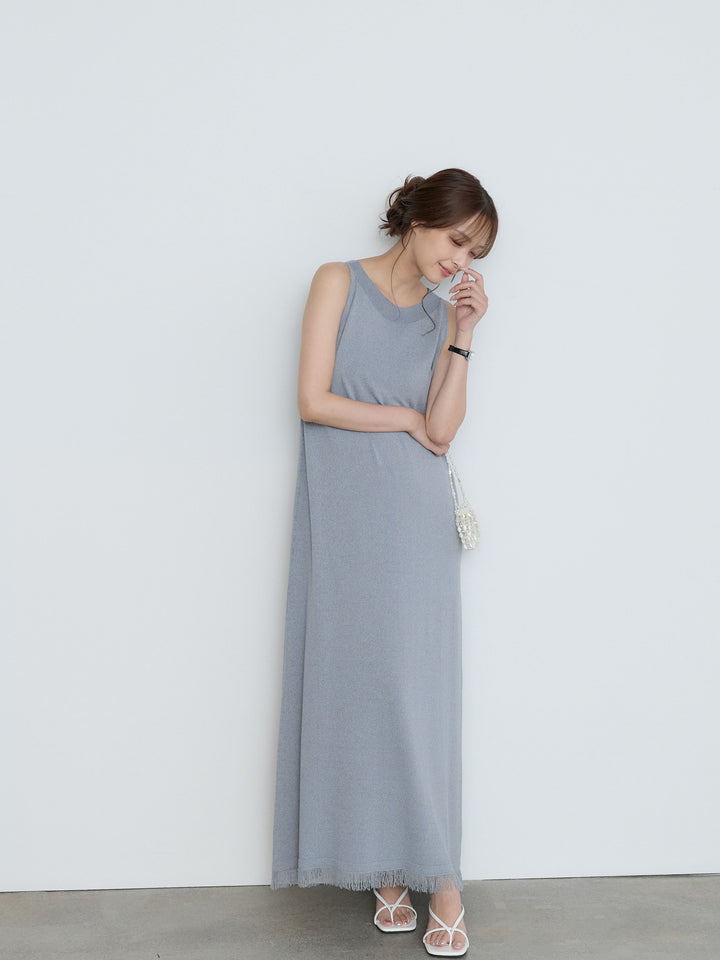 【Luxe Series】裾フリンジラウンドネックサマーリブワンピース
