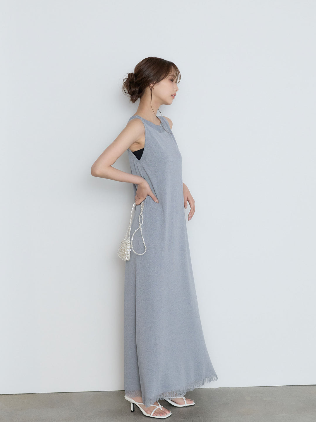 【Luxe Series】裾フリンジラウンドネックサマーリブワンピース