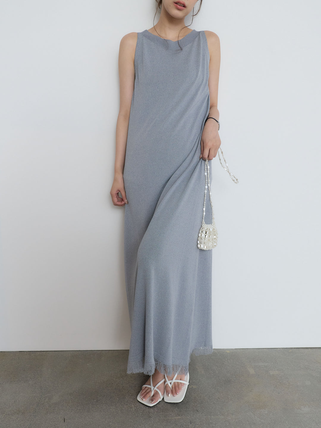【Luxe Series】裾フリンジラウンドネックサマーリブワンピース