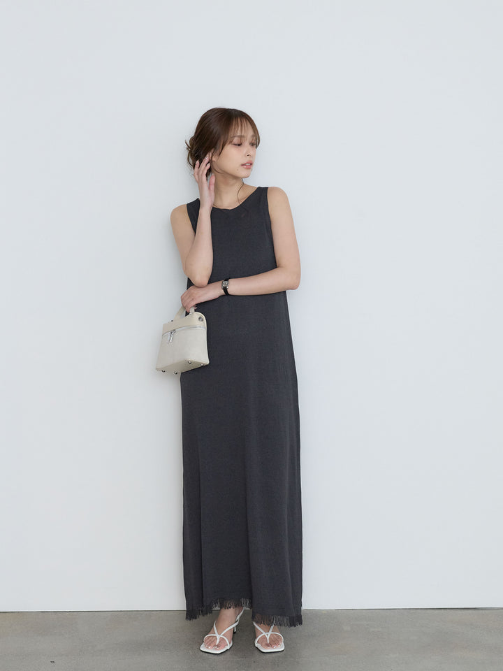 【Luxe Series】裾フリンジラウンドネックサマーリブワンピース