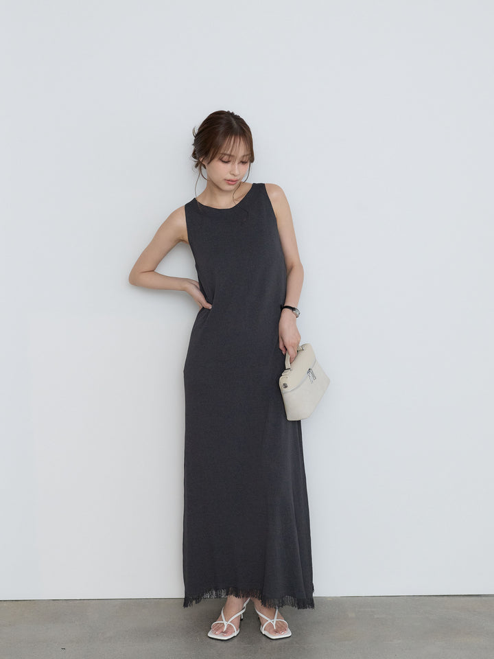 【Luxe Series】裾フリンジラウンドネックサマーリブワンピース