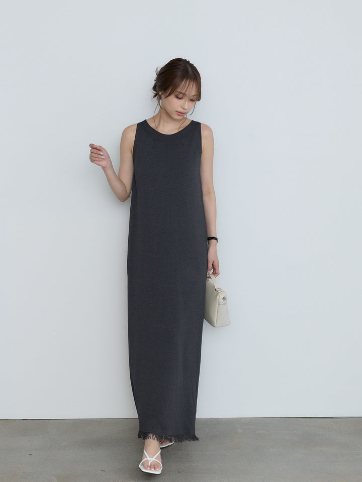 【Luxe Series】裾フリンジラウンドネックサマーリブワンピース