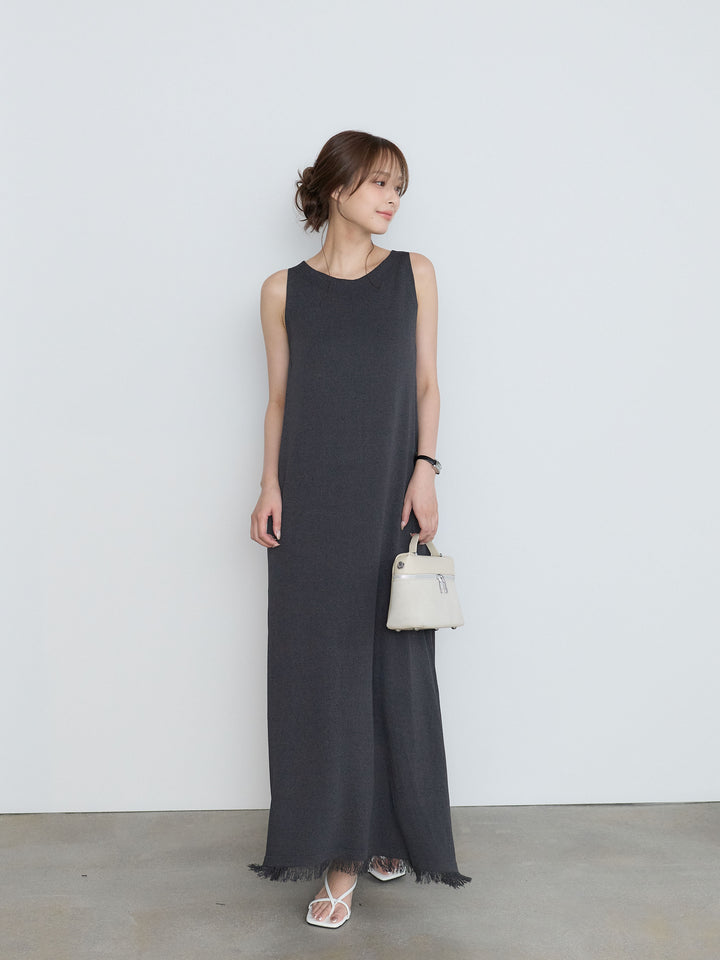 【Luxe Series】裾フリンジラウンドネックサマーリブワンピース