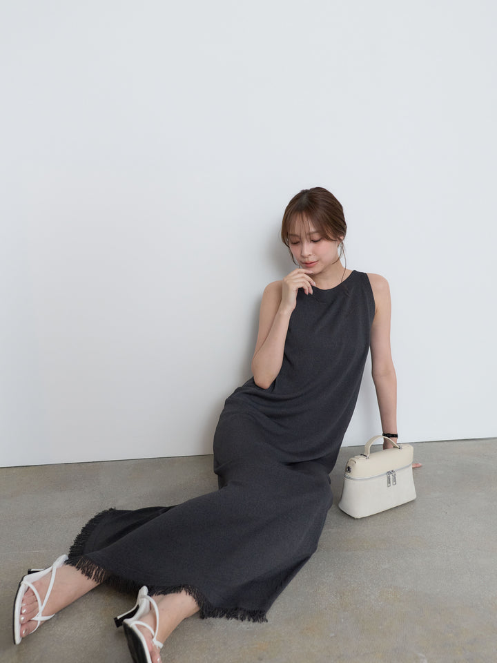 【Luxe Series】裾フリンジラウンドネックサマーリブワンピース