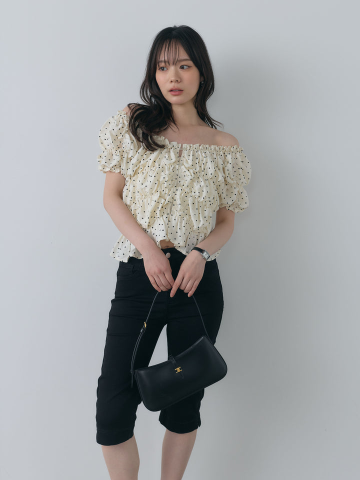 【SET】マルチWAY半袖ドットシャーリングトップス+ストレッチコットンカプリパンツ(2set)
