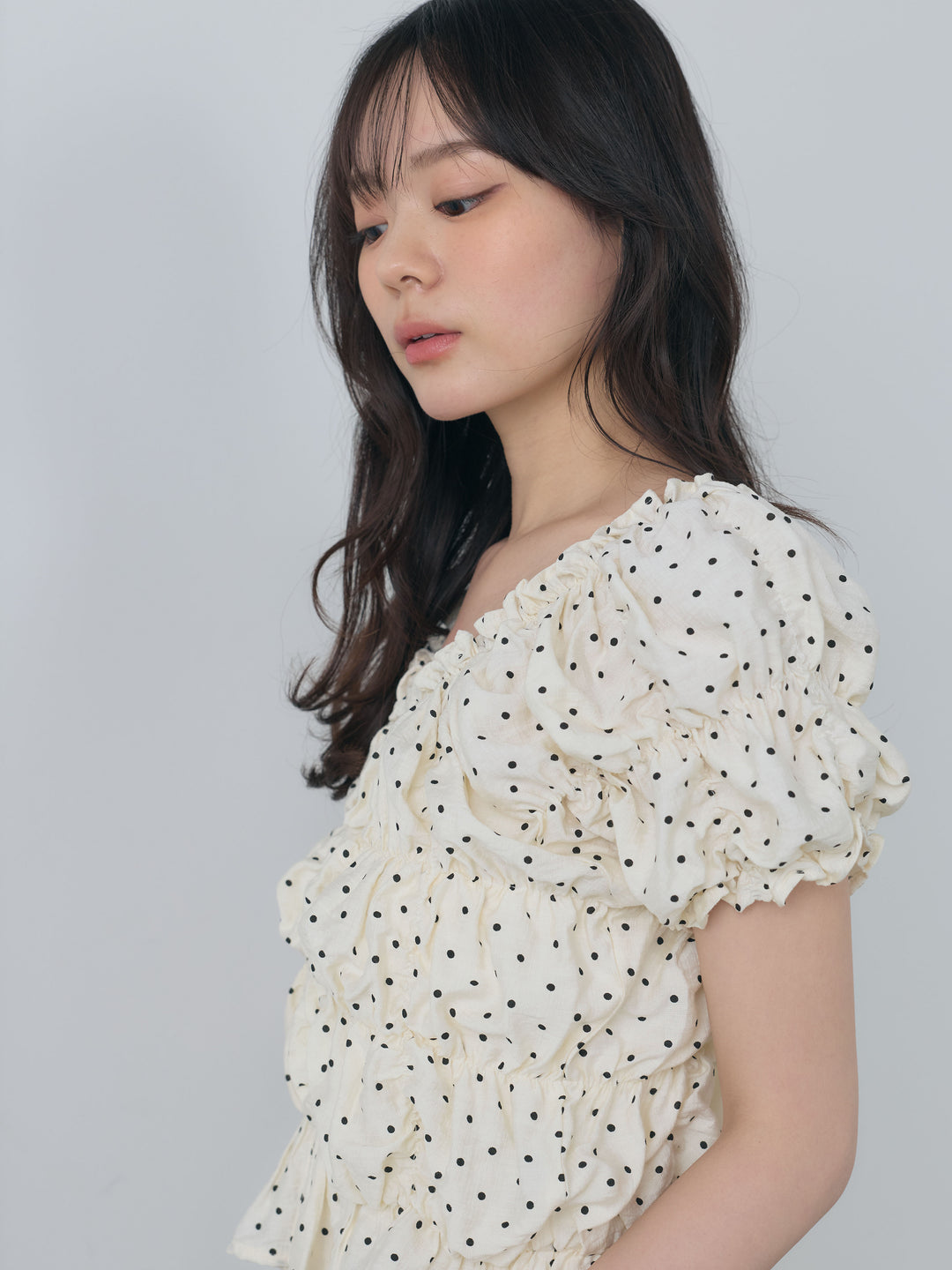 【SET】マルチWAY半袖ドットシャーリングトップス+ストレッチコットンカプリパンツ(2set)