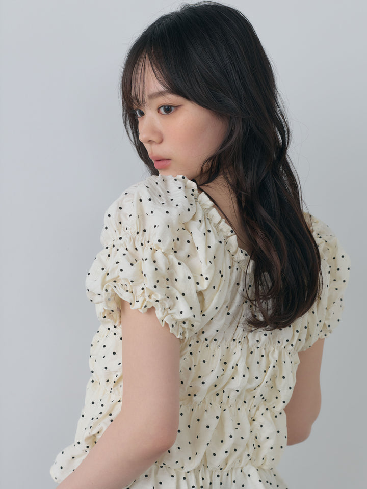 【SET】マルチWAY半袖ドットシャーリングトップス+ストレッチコットンカプリパンツ(2set)
