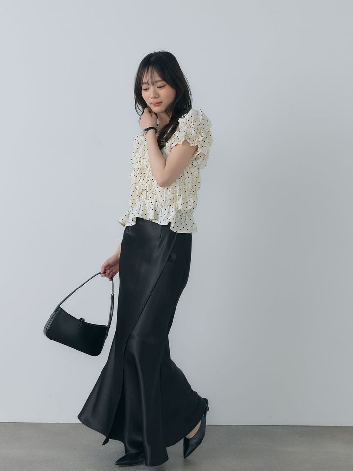 【SET】マルチWAY半袖ドットシャーリングトップス+【Essential】Wrap design satin mermaid skirt(2set)