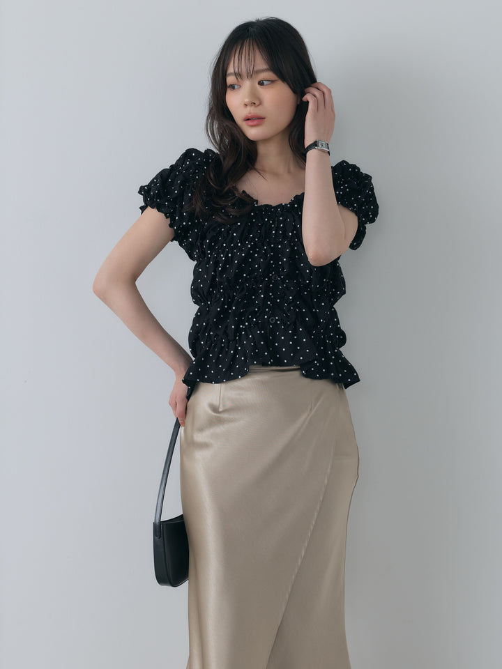 【SET】マルチWAY半袖ドットシャーリングトップス+【Essential】Wrap design satin mermaid skirt(2set)