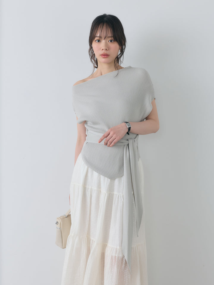 【SET】アシメショルダーウエストタイサマーリブトップス+プチフラワーティアードスカート(シュシュ付き)(2set)