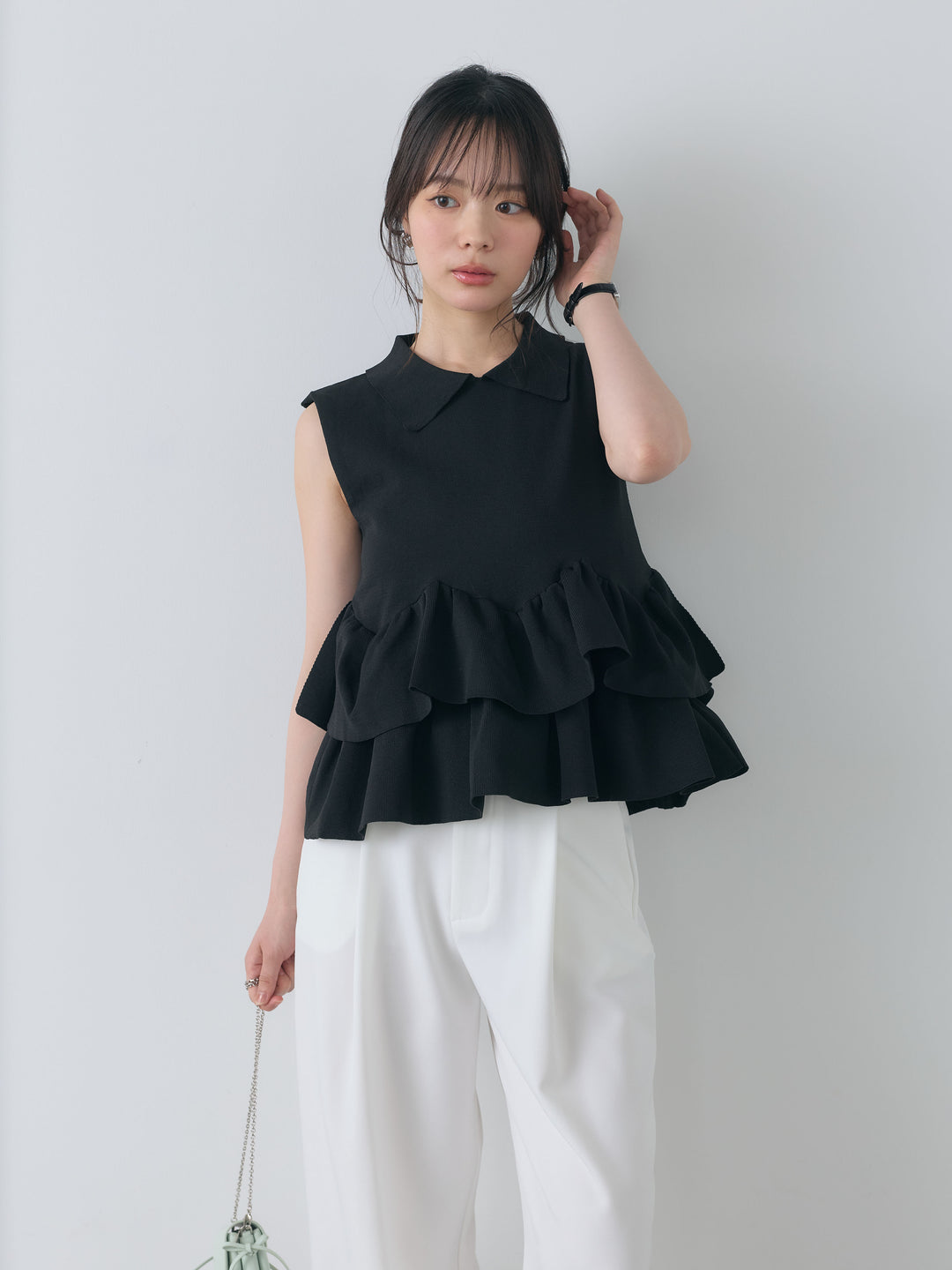 【SET】フリルペプラムノースリポロトップス+センタープレスベーシックストレートパンツ(2set)