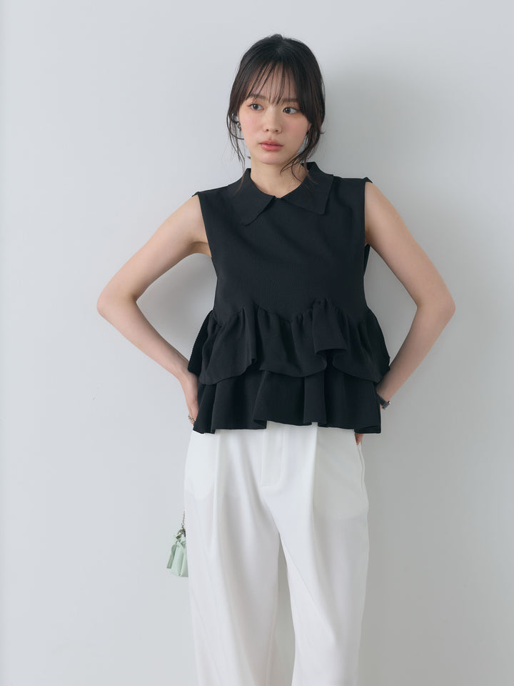 【SET】フリルペプラムノースリポロトップス+センタープレスベーシックストレートパンツ(2set)