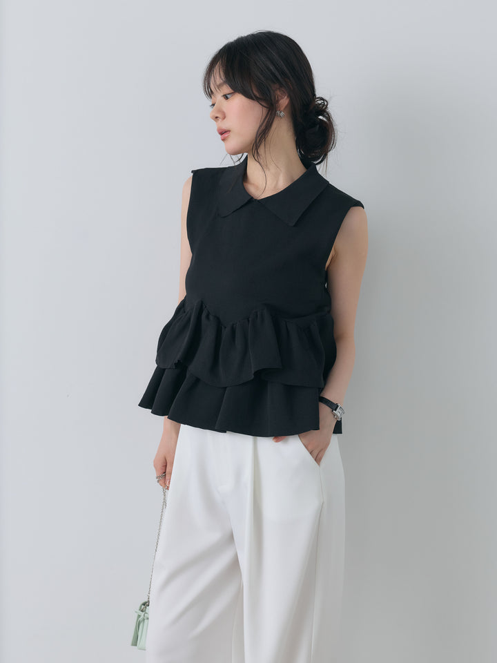 【SET】フリルペプラムノースリポロトップス+センタープレスベーシックストレートパンツ(2set)