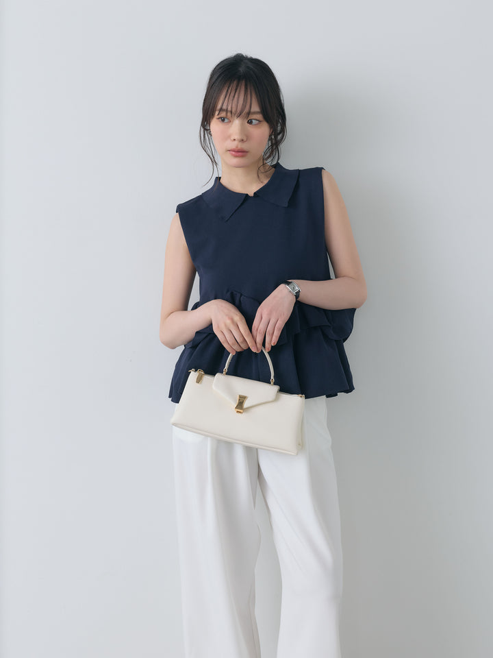 【SET】フリルペプラムノースリポロトップス+センタープレスベーシックストレートパンツ(2set)