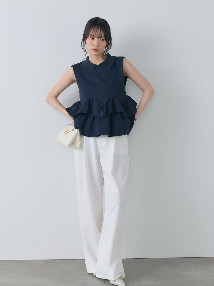 【SET】フリルペプラムノースリポロトップス+センタープレスベーシックストレートパンツ(2set)