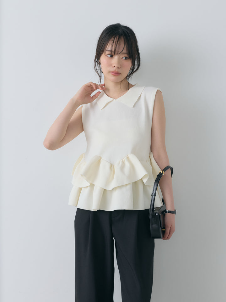【SET】フリルペプラムノースリポロトップス+センタープレスベーシックストレートパンツ(2set)