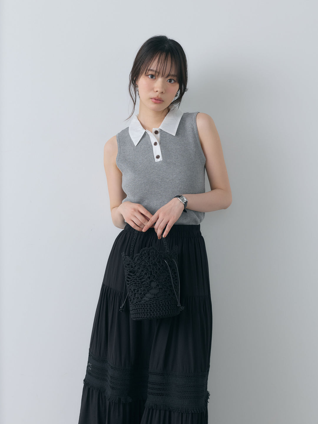 【SET】襟付きノースリーブサマーニットポロトップス+デザインレースティアードスカート(2set)
