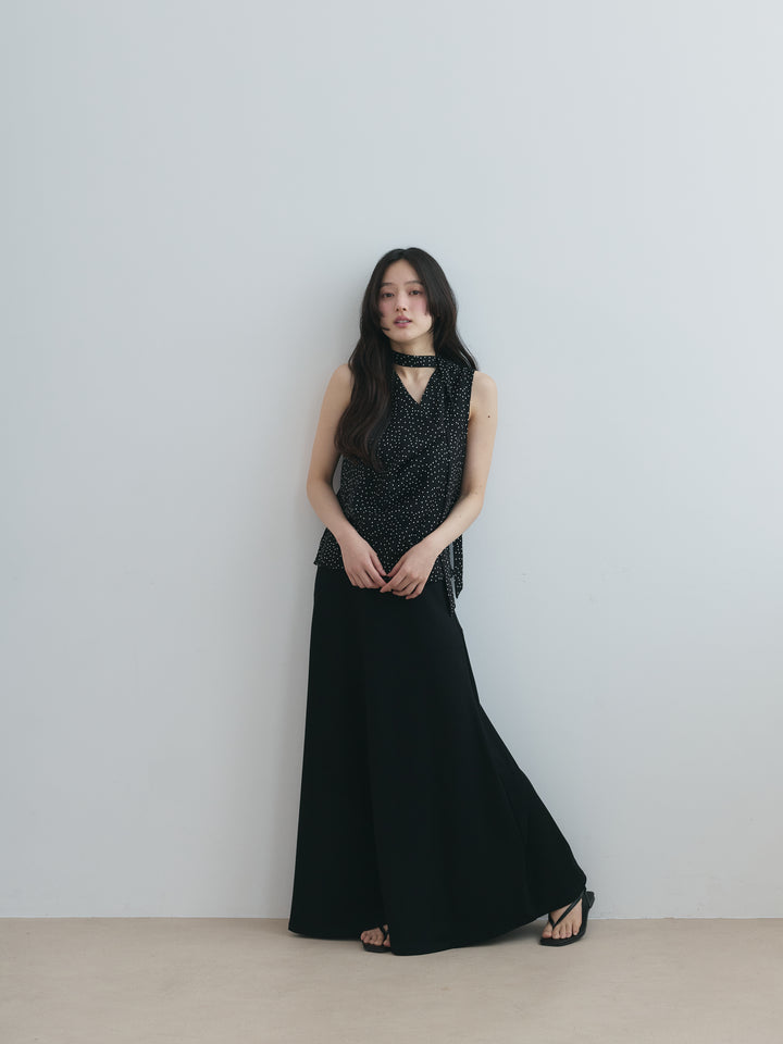 【SET】ランダムドットドレープノースリトップス(タイ付き)+ポンチフレアスカート(2set)
