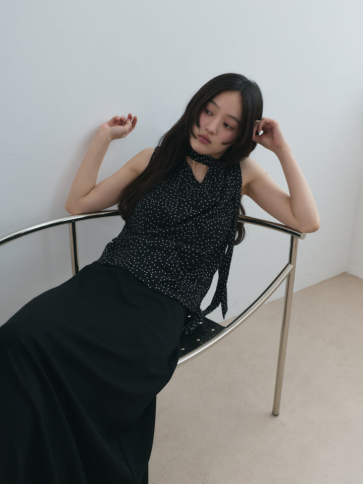 【SET】ランダムドットドレープノースリトップス(タイ付き)+ポンチフレアスカート(2set)