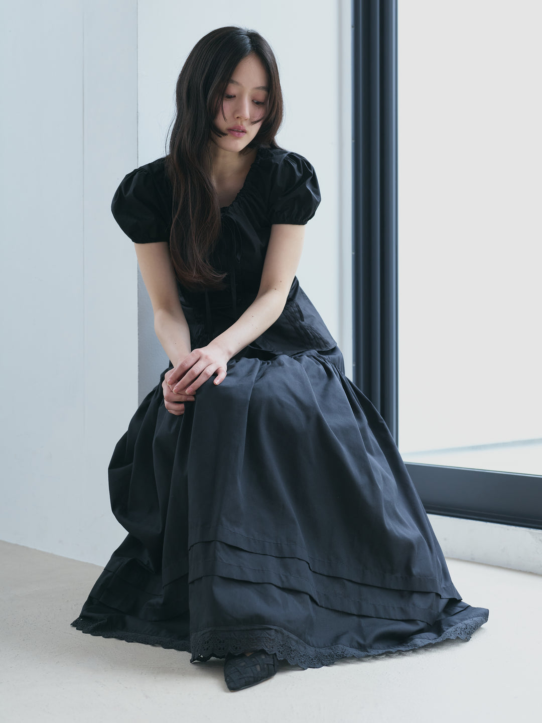 【SET】コットンフロントギャザーネックブラウス+裾レースフレアスカート(2set)
