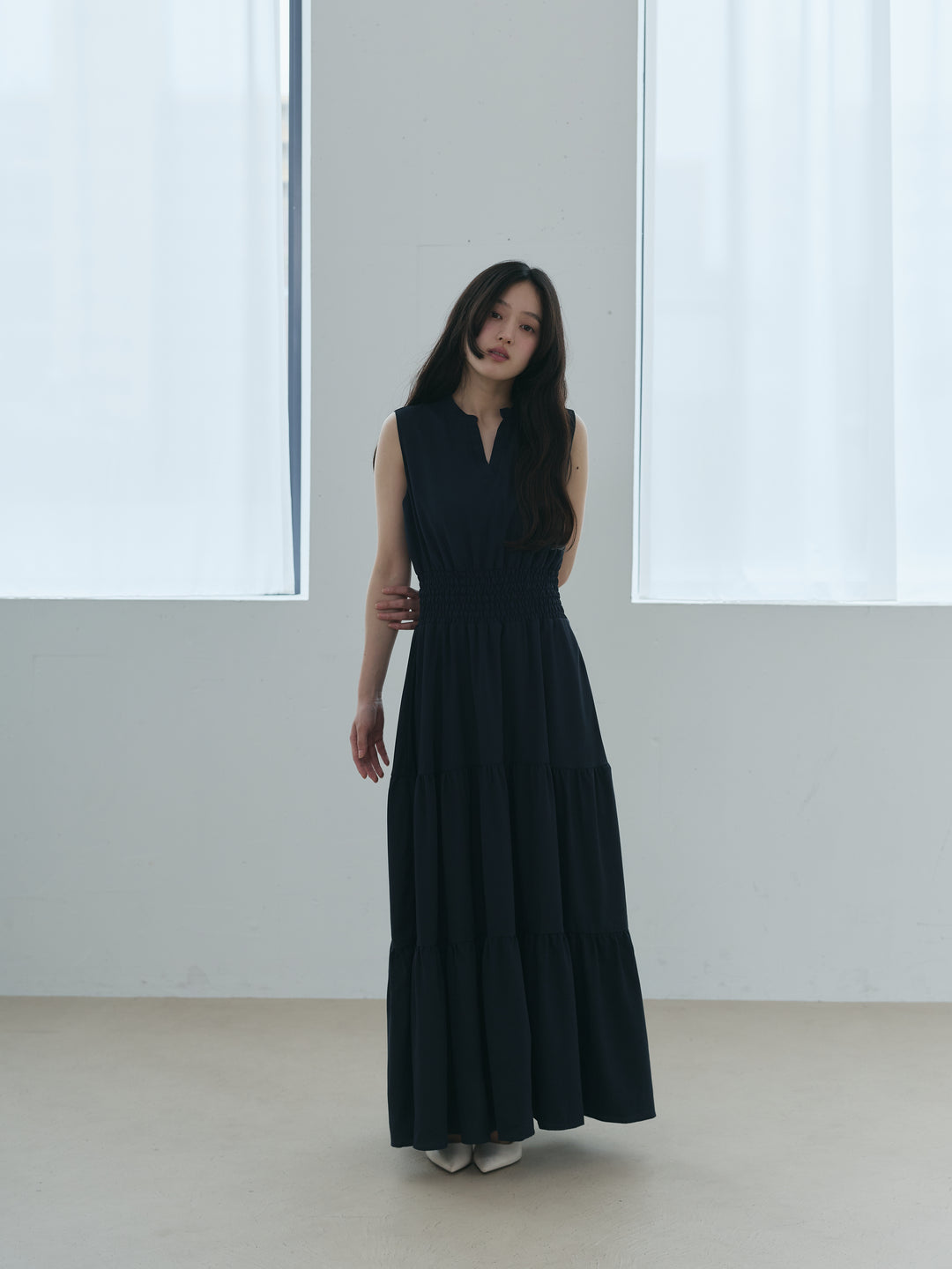 【SET】【Essential】POLO docking half sleeve one piece+【Essential】V neck shirring tiered one piece(2set)