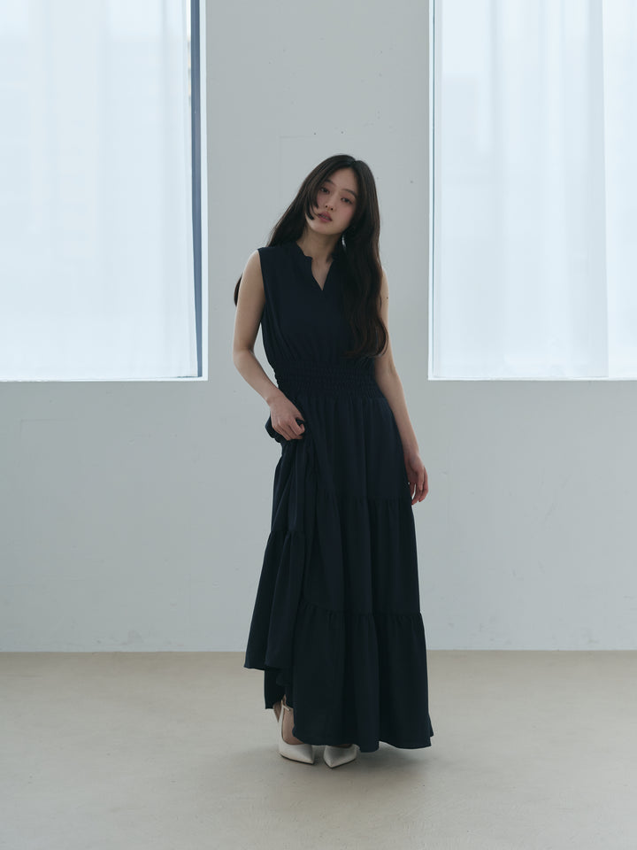 【Essential】V neck shirring tiered one piece