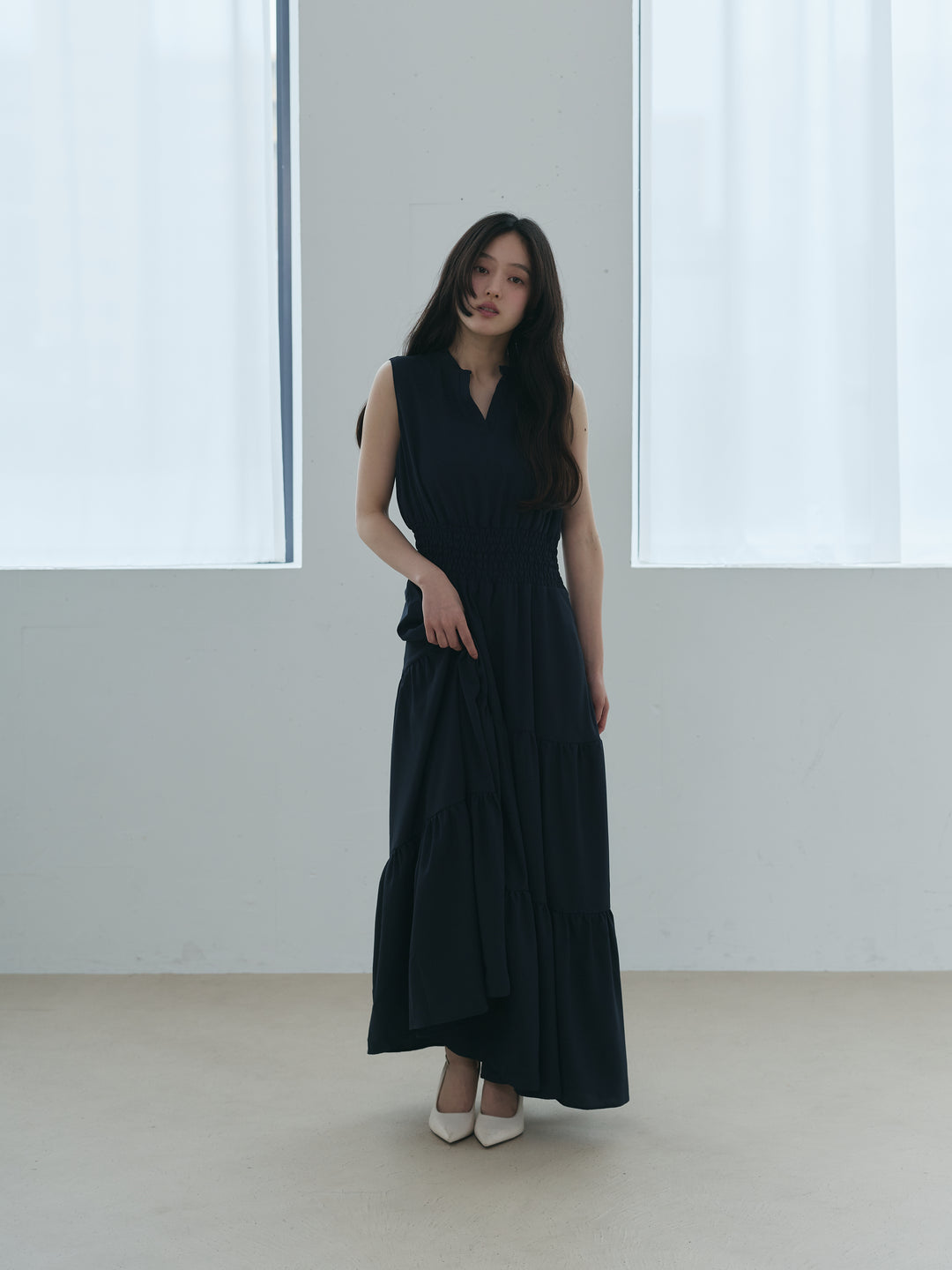 【SET】【Essential】POLO docking half sleeve one piece+【Essential】V neck shirring tiered one piece(2set)