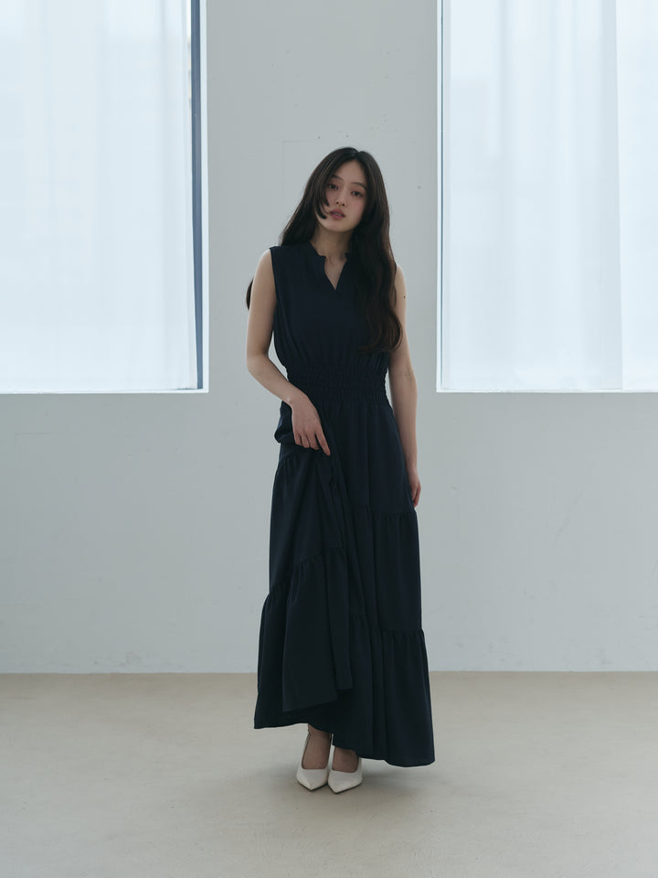 【SET】【Essential】POLO docking half sleeve one piece+【Essential】V neck shirring tiered one piece(2set)