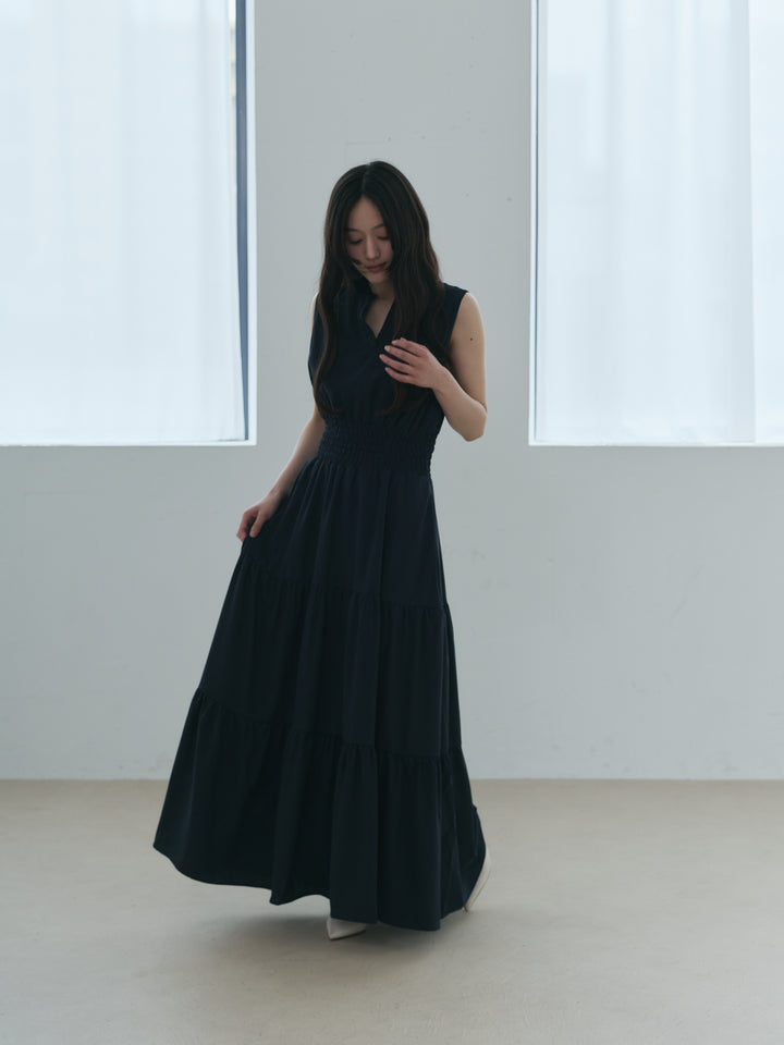 【Essential】V neck shirring tiered one piece