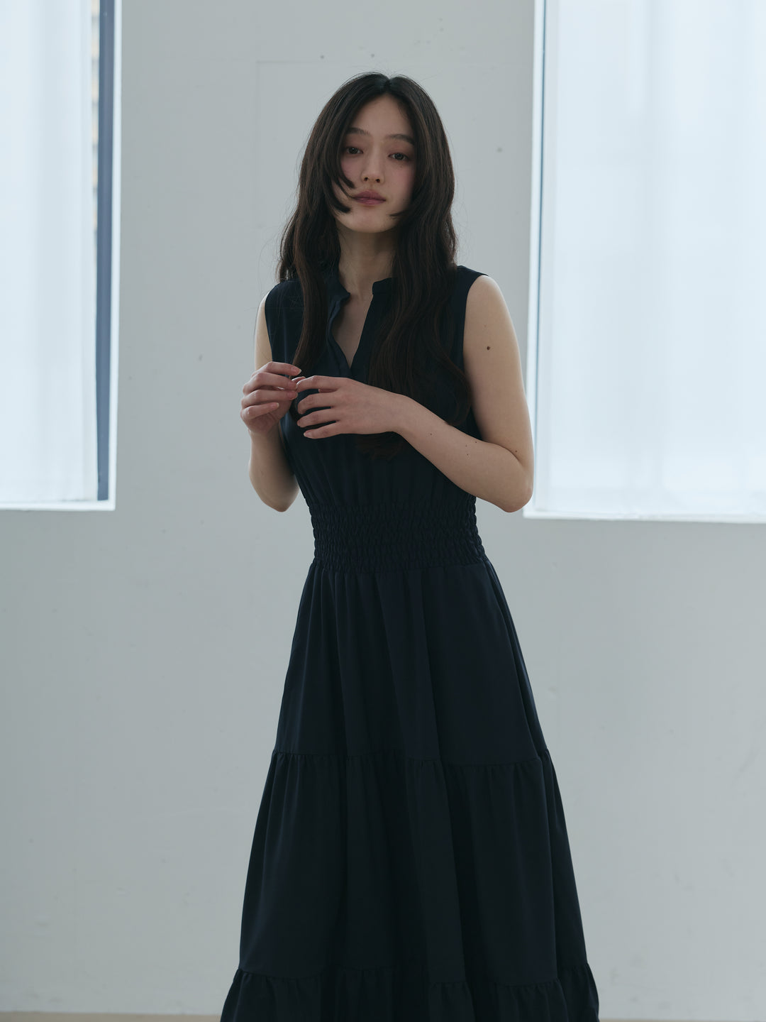 【SET】【Essential】POLO docking half sleeve one piece+【Essential】V neck shirring tiered one piece(2set)