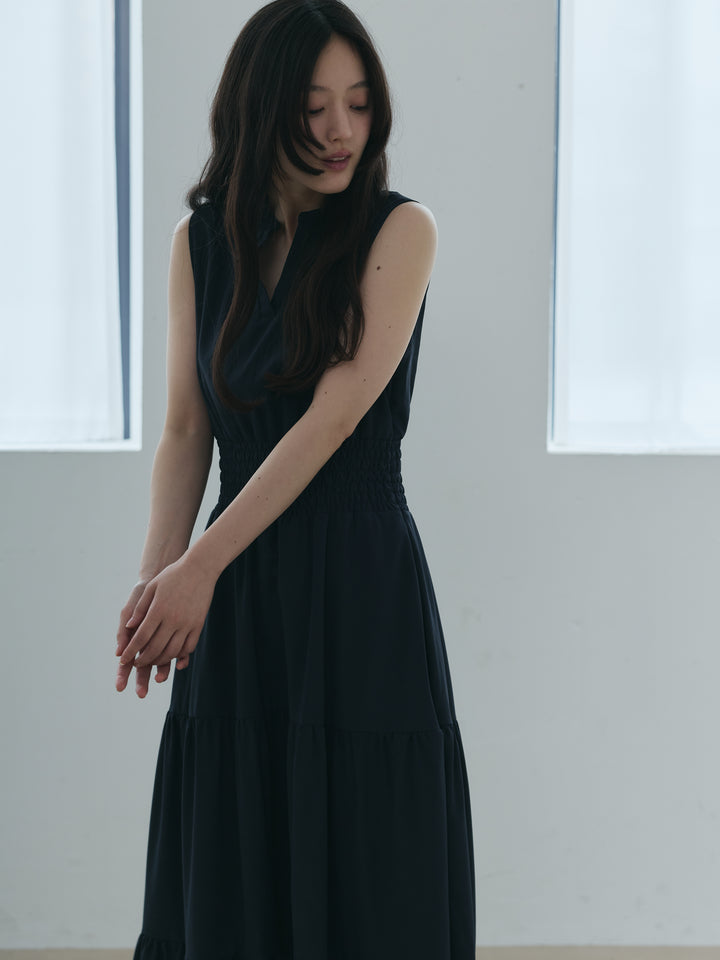 【SET】【Essential】POLO docking half sleeve one piece+【Essential】V neck shirring tiered one piece(2set)
