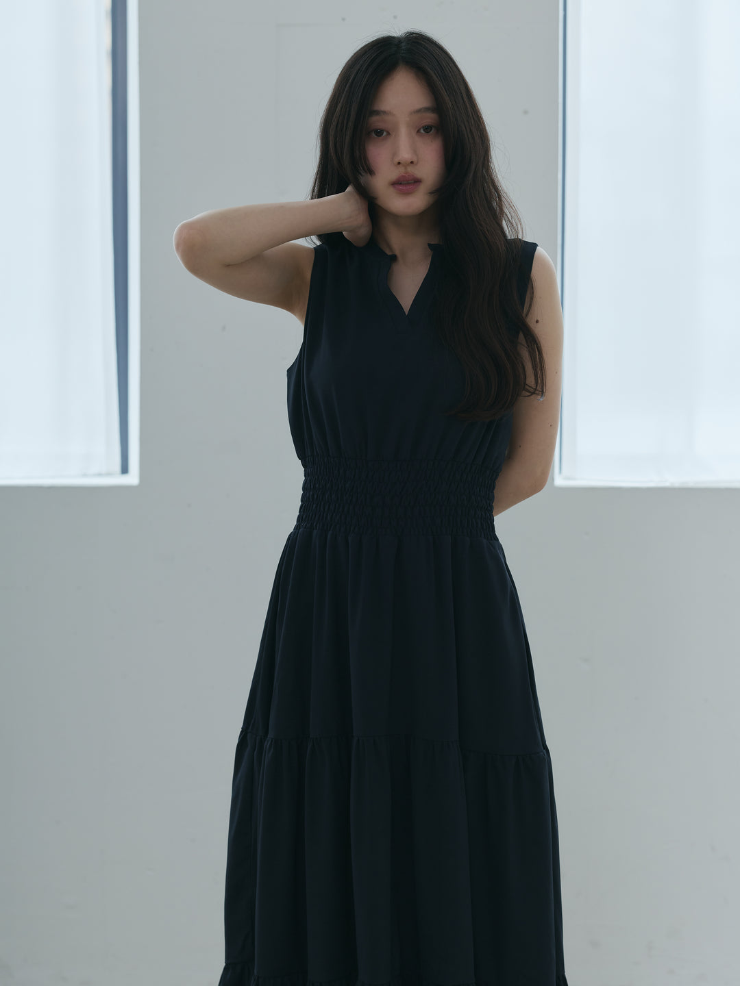 【SET】【Essential】POLO docking half sleeve one piece+【Essential】V neck shirring tiered one piece(2set)