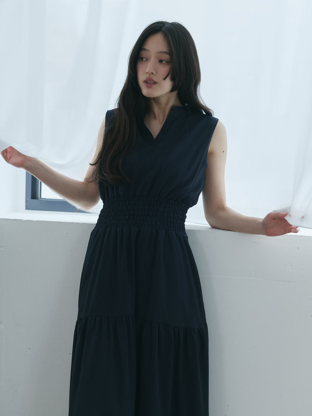 【SET】【Essential】POLO docking half sleeve one piece+【Essential】V neck shirring tiered one piece(2set)