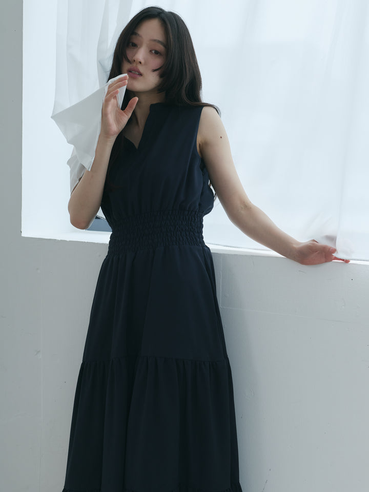 【SET】【Essential】POLO docking half sleeve one piece+【Essential】V neck shirring tiered one piece(2set)