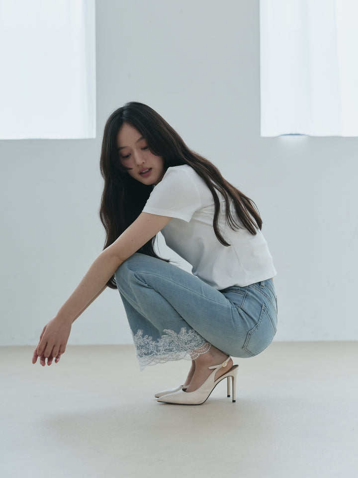 【SET】ラウンドネックベーシックトップス+裾レースフレアシルエットストレッチデニムパンツ(2set)
