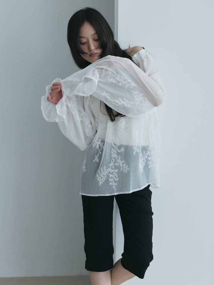 【SET】シフォンリーフ刺繍オフショルダーチュニック+ストレッチコットンカプリパンツ(2set)