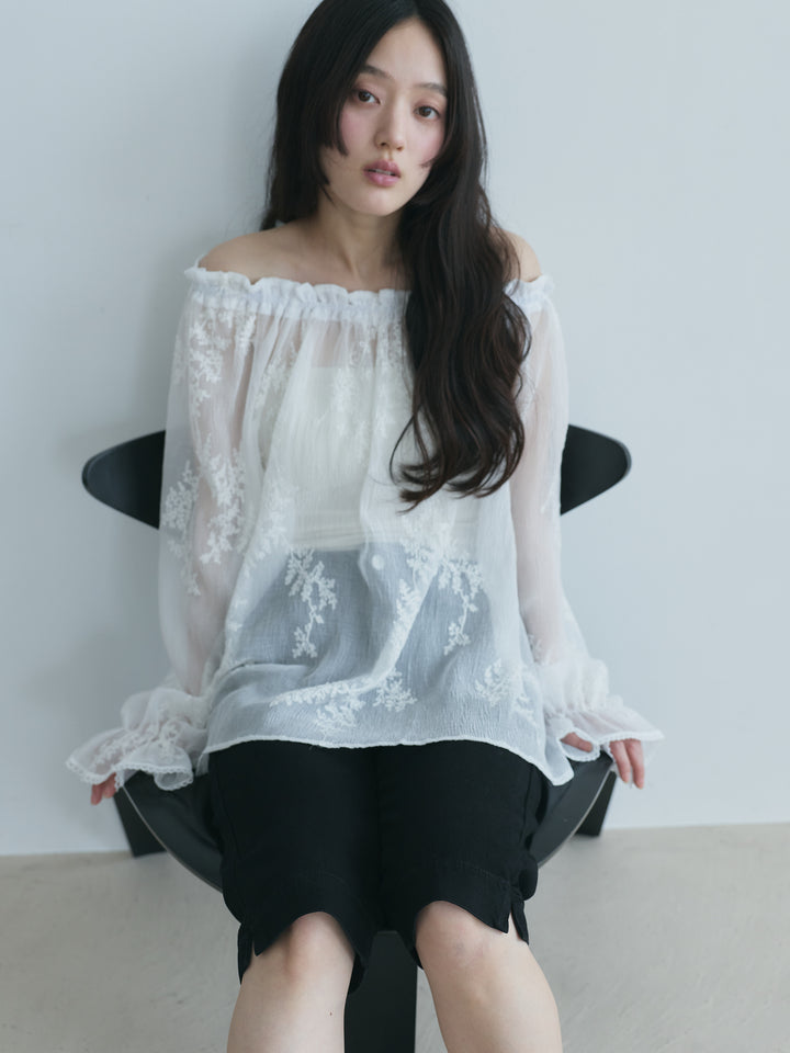 シフォンリーフ刺繍オフショルダーチュニック