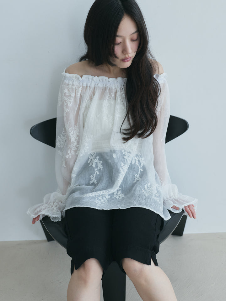 シフォンリーフ刺繍オフショルダーチュニック