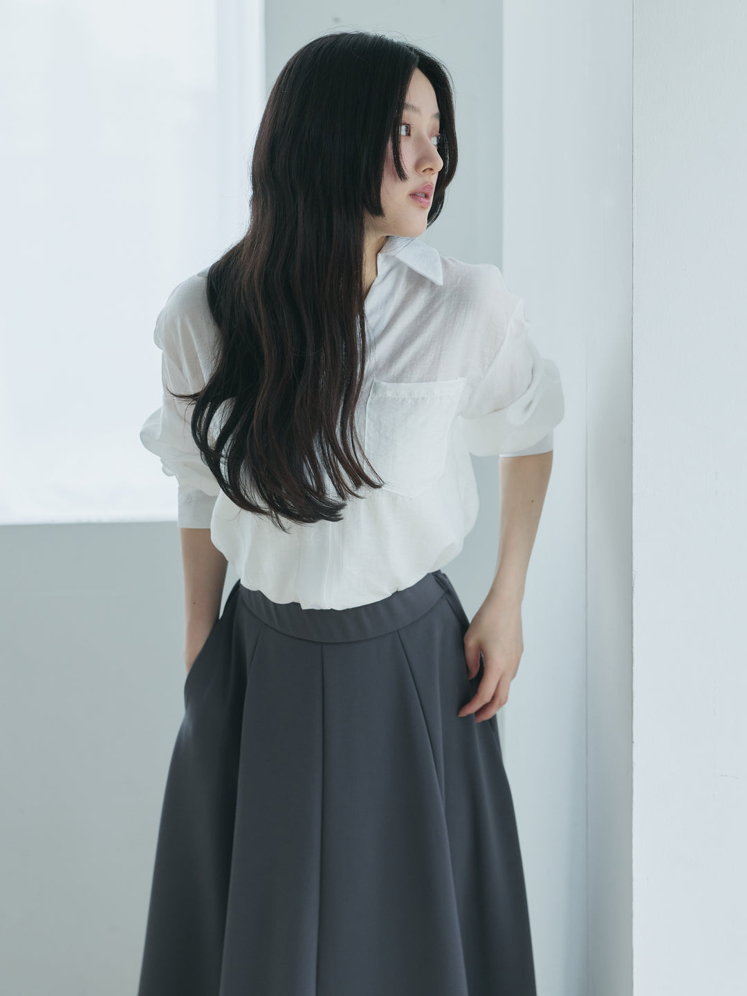 【SET】バックレースアップソフトタッチシャツ+ボリュームフレアスカート(2set)