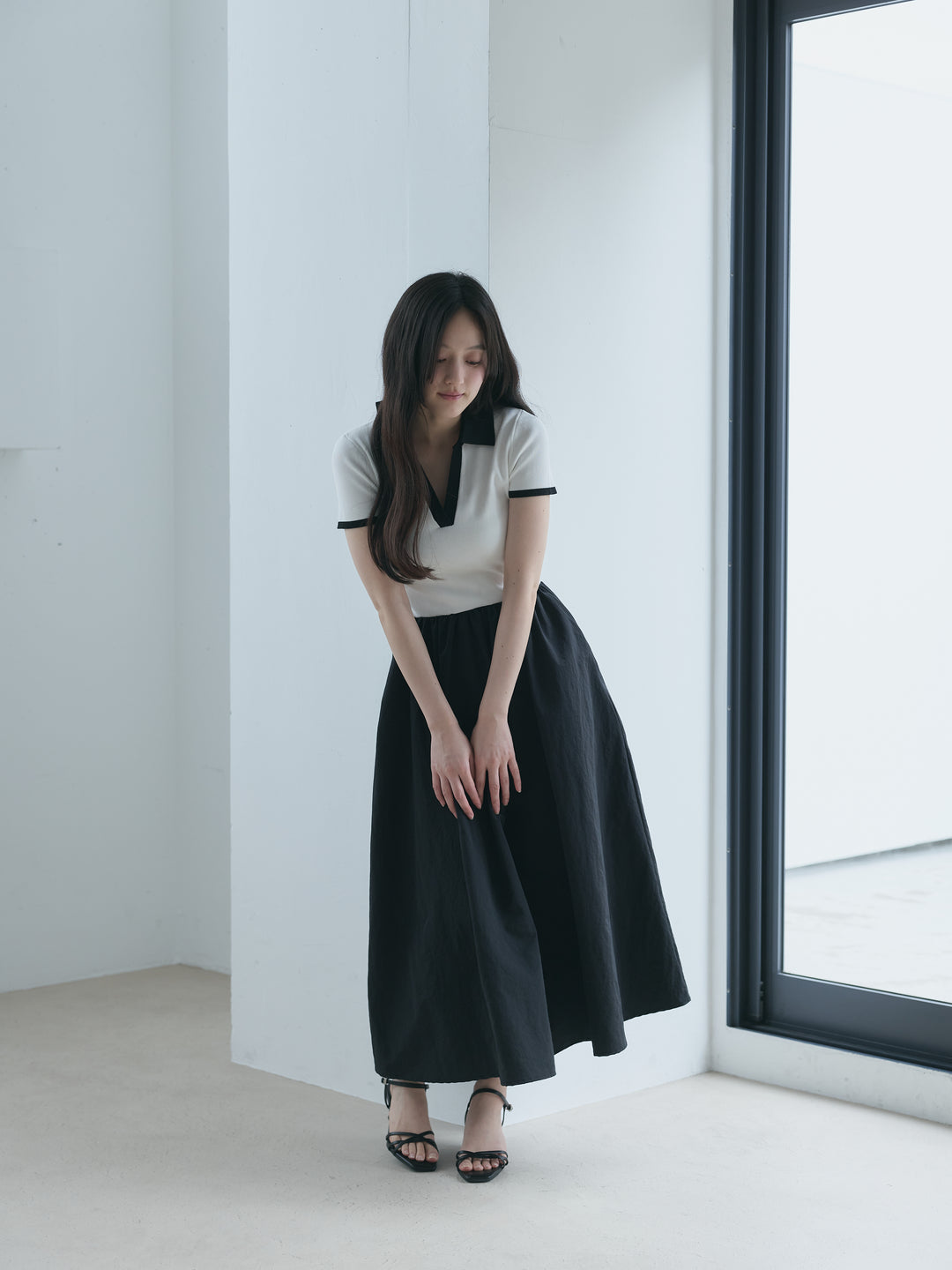 【SET】【Essential】POLO docking half sleeve one piece+【Essential】V neck shirring tiered one piece(2set)