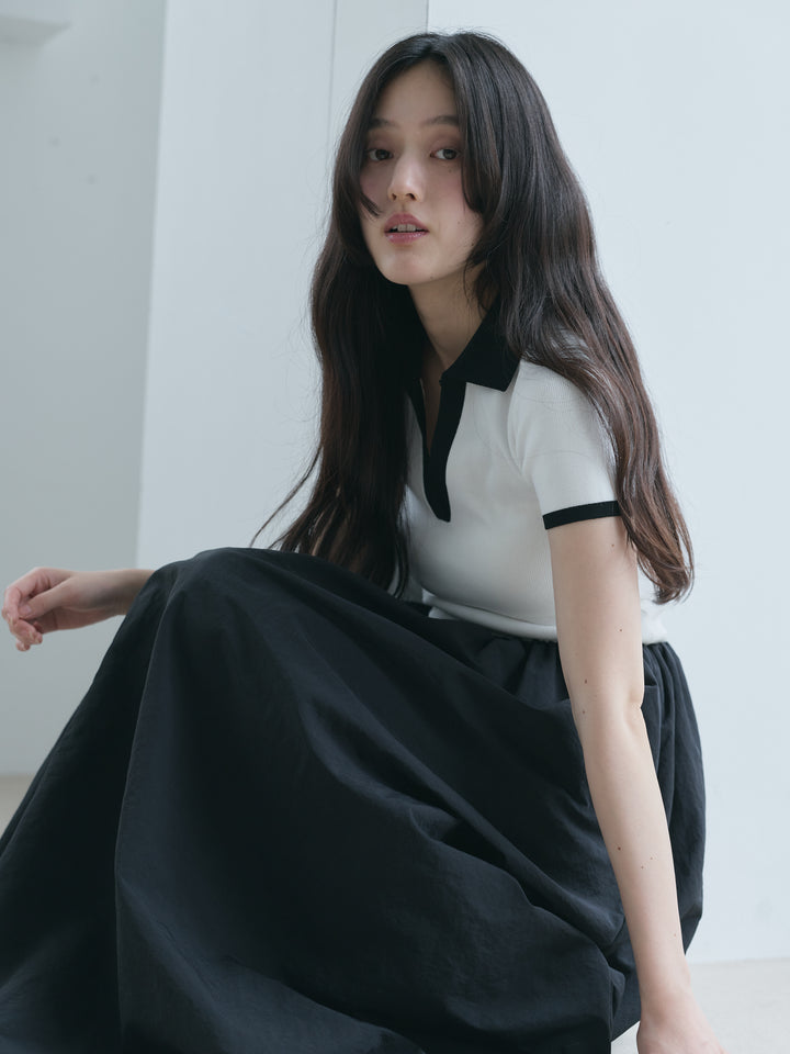【SET】【Essential】POLO docking half sleeve one piece+【Essential】V neck shirring tiered one piece(2set)