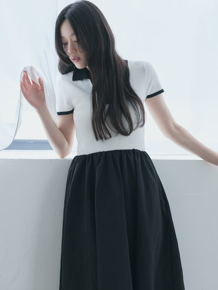 【SET】【Essential】POLO docking half sleeve one piece+【Essential】V neck shirring tiered one piece(2set)