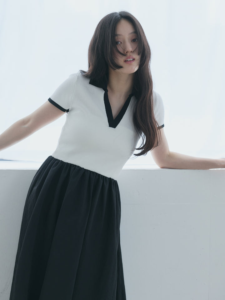 【SET】【Essential】POLO docking half sleeve one piece+【Essential】V neck shirring tiered one piece(2set)
