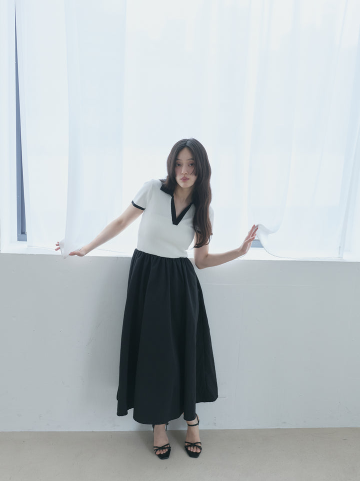 【SET】【Essential】POLO docking half sleeve one piece+【Essential】V neck shirring tiered one piece(2set)
