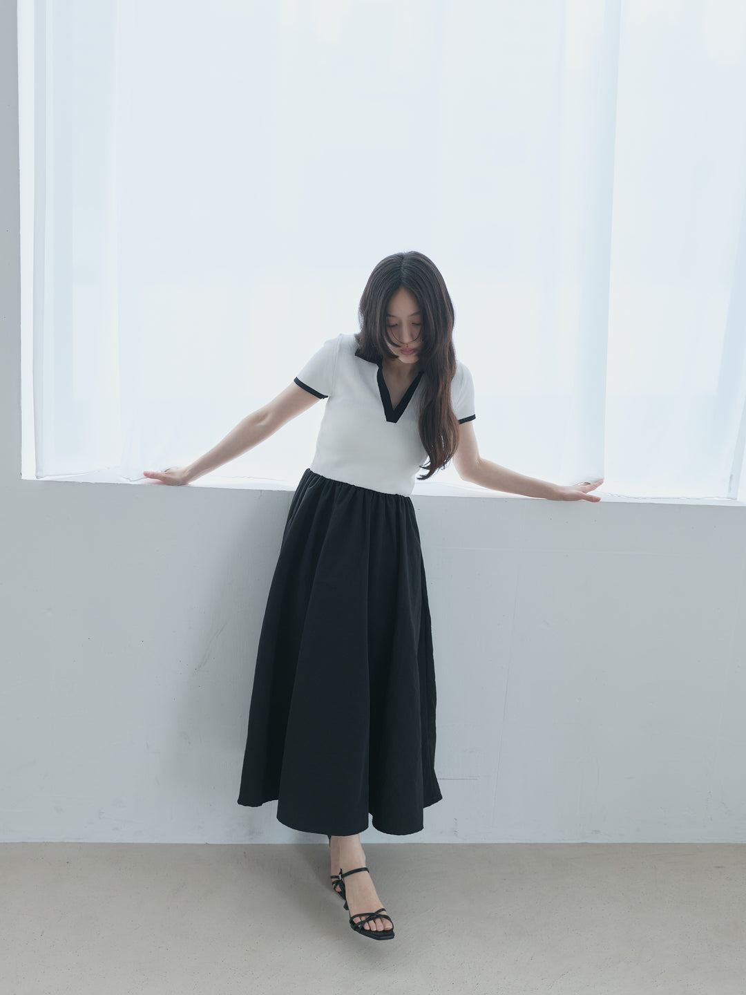 【SET】【Essential】POLO docking half sleeve one piece+【Essential】V neck shirring tiered one piece(2set)