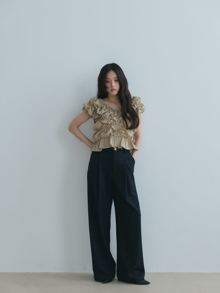 【SET】半袖シャーリングトップス+センタープレスベーシックストレートパンツ(2set)