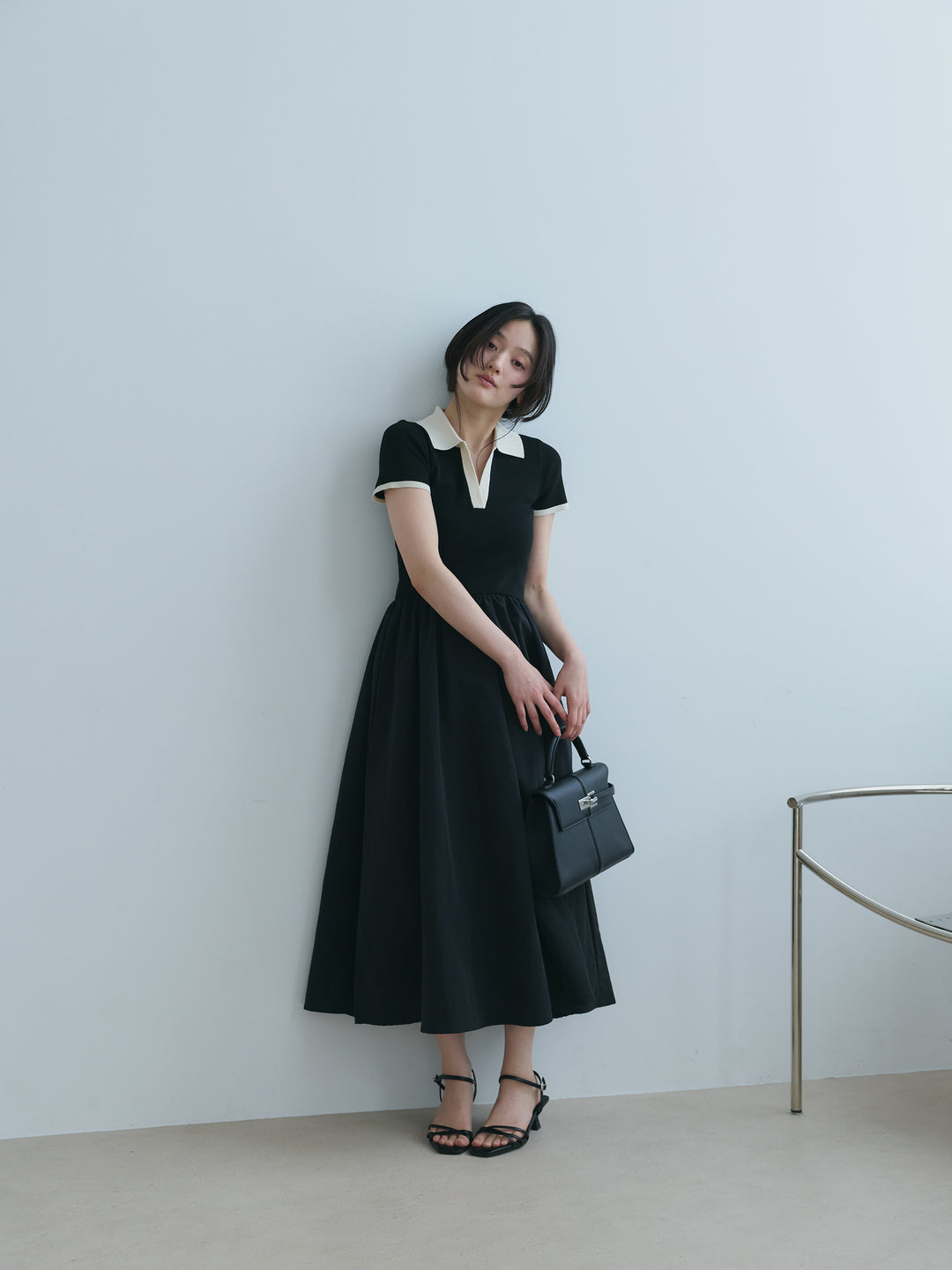 【SET】【Essential】POLO docking half sleeve one piece+【Essential】V neck shirring tiered one piece(2set)