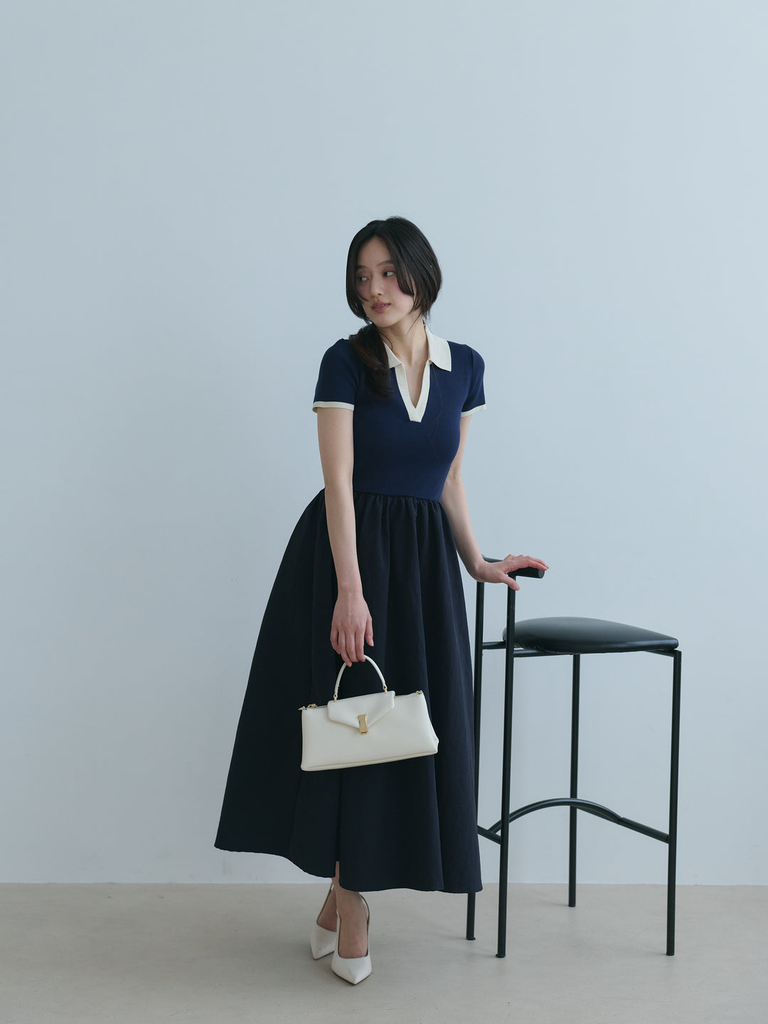 【SET】【Essential】POLO docking half sleeve one piece+【Essential】V neck shirring tiered one piece(2set)