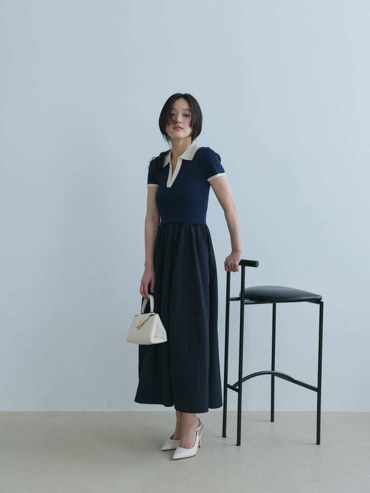 【SET】【Essential】POLO docking half sleeve one piece+【Essential】V neck shirring tiered one piece(2set)